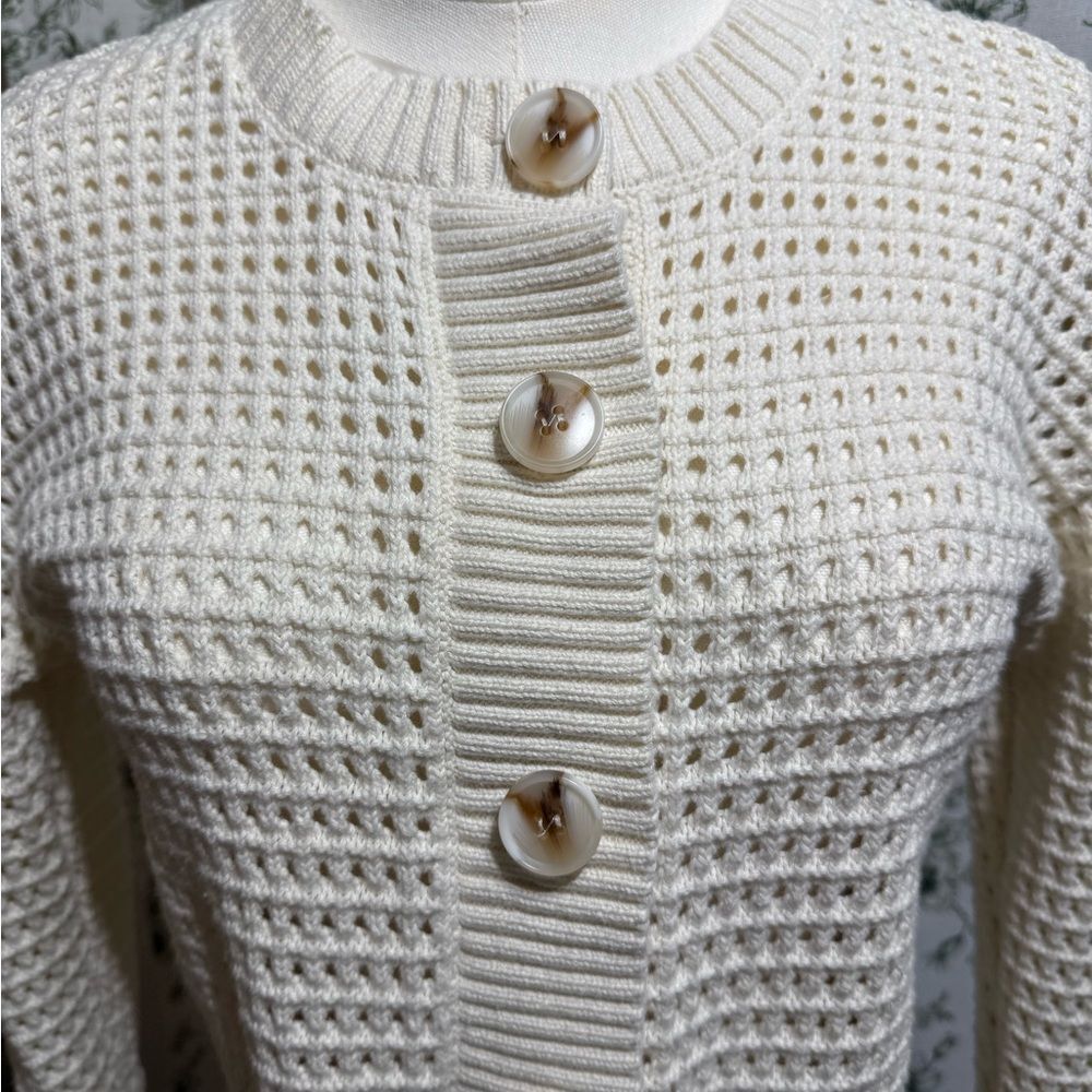 Magaschoni Cream Knit Button-Up Cardigan with Black Trim - Picture 3 of 5